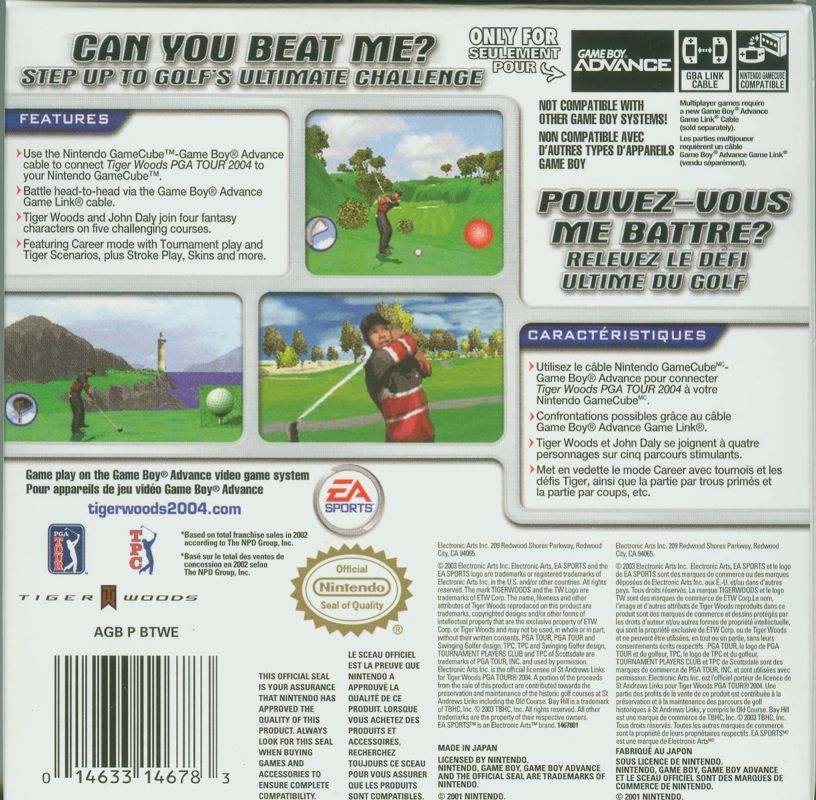 
Tiger Woods PGA Tour 2004 | Game Boy Advance | back cover | Data by MobyGames.com