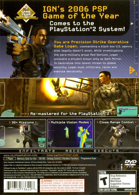 
Syphon Filter: Dark Mirror | PlayStation 2 | back cover | Data by MobyGames.com