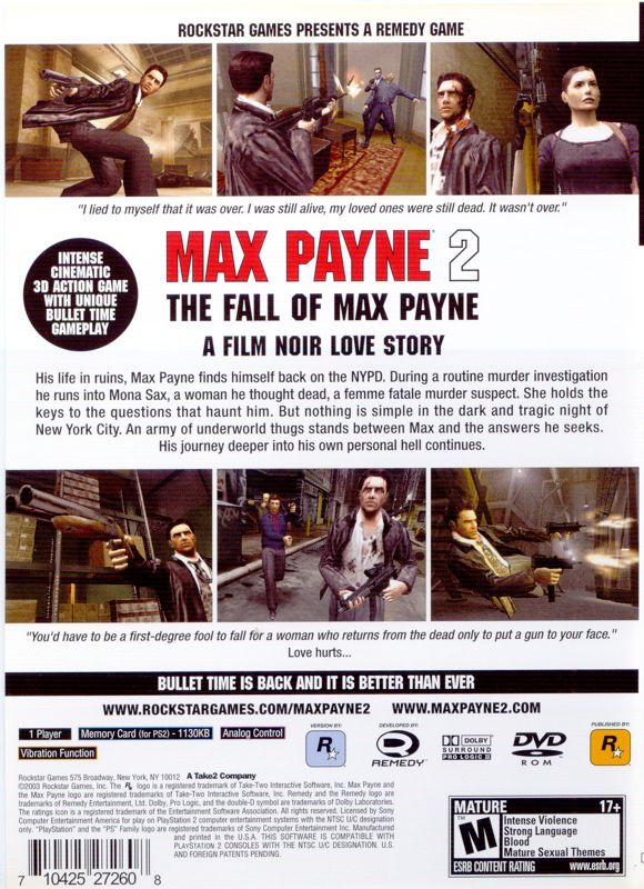 Max Payne 2: The Fall of Max Payne | PlayStation 2 | back cover | Data by MobyGames.com