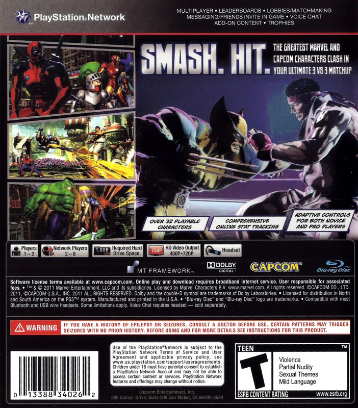
Marvel vs. Capcom 3: Fate of Two Worlds | PlayStation 3 | back cover | Region: North America | source-country=Canada,United States | Data by MobyGames.com
