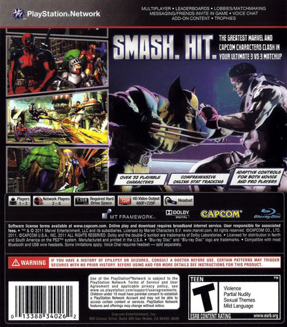 
Marvel vs. Capcom 3: Fate of Two Worlds | PlayStation 3 | back cover | Region: North America | source-country=Canada,United States | Data by MobyGames.com