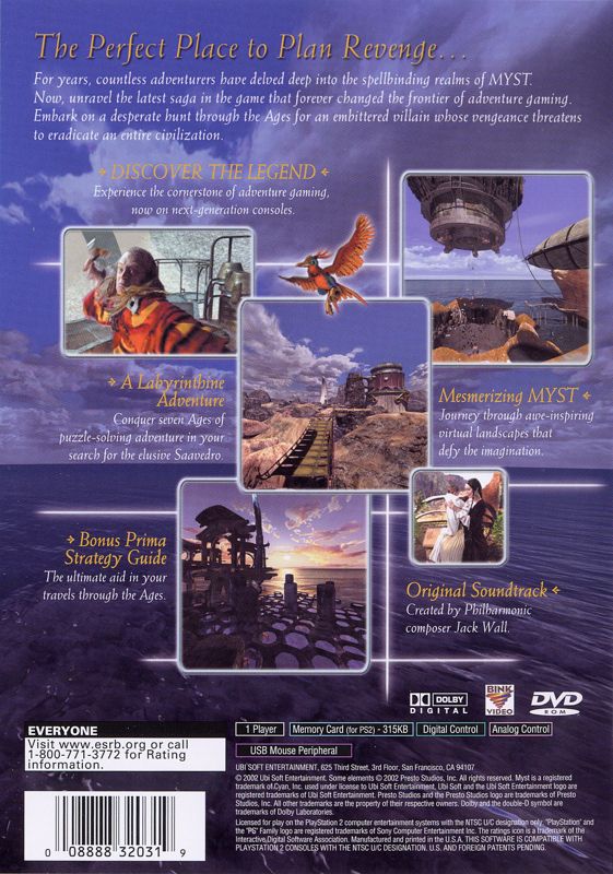 Myst III: Exile | PlayStation 2 | back cover | region=North America | source-country=Canada,United States | zypher-v2 | moby-dde94b162763 | Data by MobyGames.com