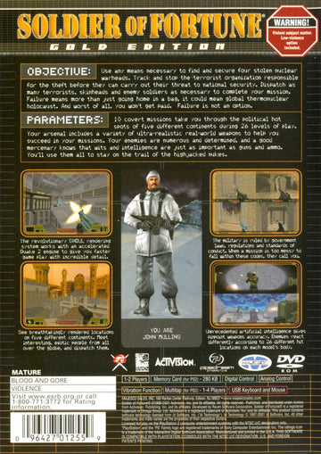 Soldier of Fortune: Gold Edition | PlayStation 2 | back cover | region=North America | source-country=Canada,United States | zypher-v2 | moby-ced6f7de7994 | Data by MobyGames.com