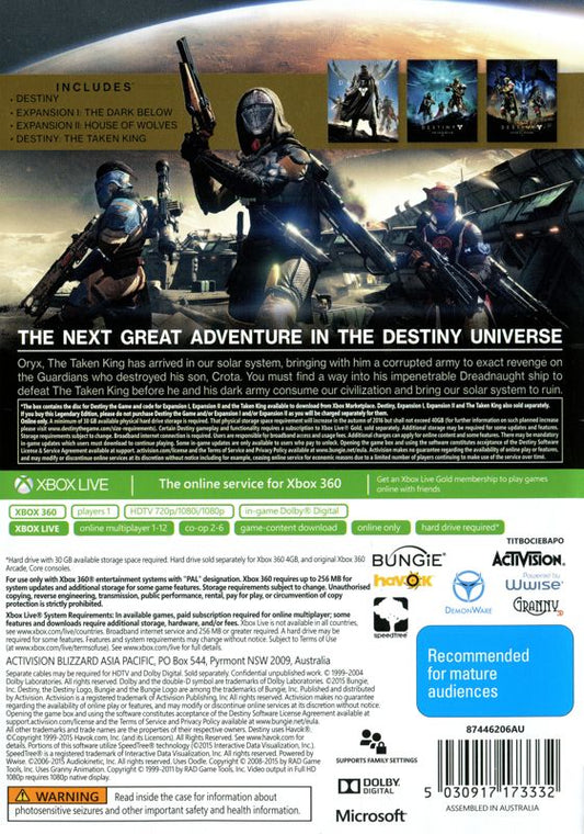 Destiny: The Taken King - Legendary Edition | Xbox 360 | back cover | region=PAL | source-country=Australia | zypher-v2 | moby-8bfad02e1088 | Data by MobyGames.com