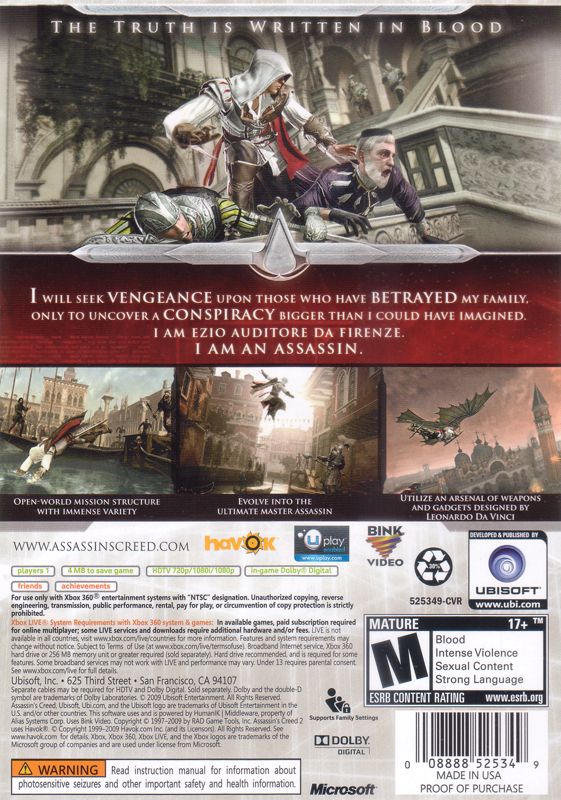 Assassin's Creed II | Xbox 360 | back cover | region=North America | source-country=United States | zypher-v2 | moby-a35d98f538e2 | Data by MobyGames.com