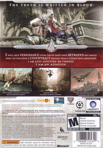 Assassin's Creed II | Xbox 360 | back cover | region=North America | source-country=United States | zypher-v2 | moby-a35d98f538e2 | Data by MobyGames.com