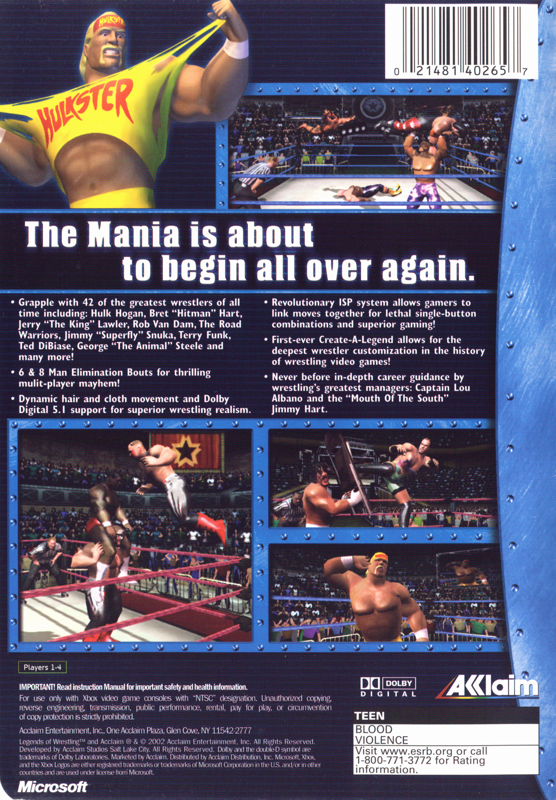 Legends of Wrestling | Xbox | back cover | region=North America | source-country=United States | zypher-v2 | moby-d235c2166a22 | Data by MobyGames.com