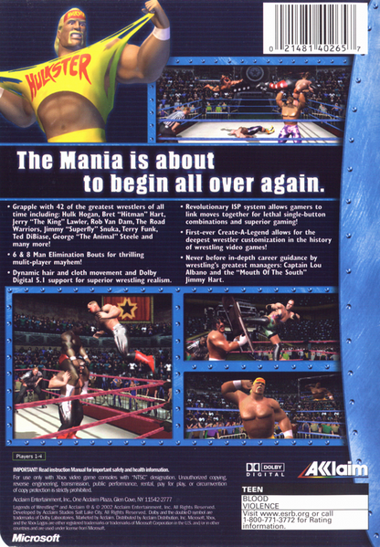 Legends of Wrestling | Xbox | back cover | region=North America | source-country=United States | zypher-v2 | moby-d235c2166a22 | Data by MobyGames.com