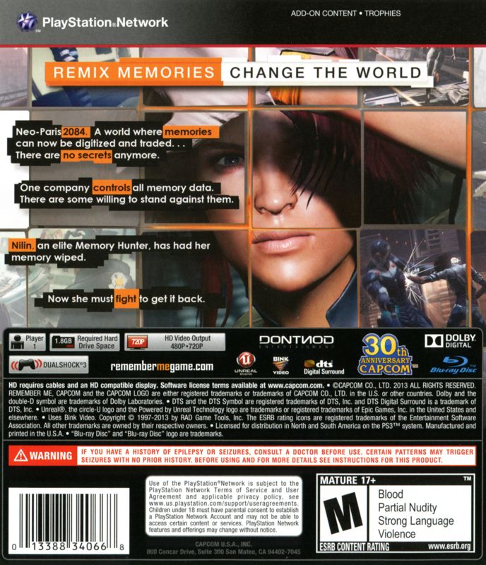 
Remember Me | PlayStation 3 | back cover | Data by MobyGames.com