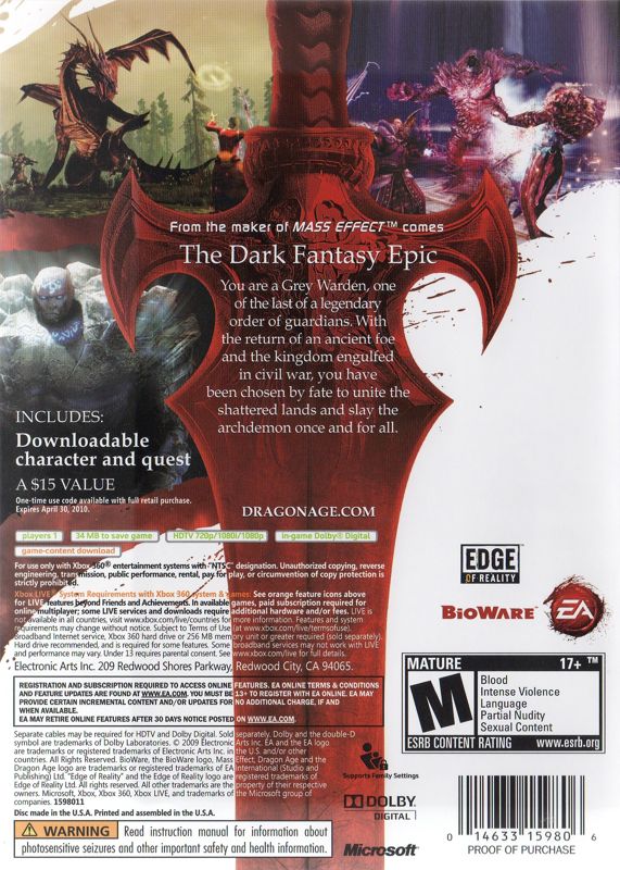 
Dragon Age: Origins | Xbox 360 | back cover | Region: North America | source-country=United States | Data by MobyGames.com