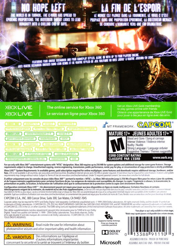 
Resident Evil 6 | Xbox 360 | back cover | Region: North America | source-country=Canada | Data by MobyGames.com