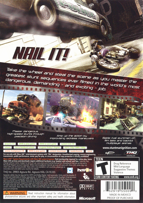 
Stuntman: Ignition | Xbox 360 | back cover | Data by MobyGames.com