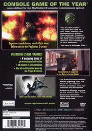 Tom Clancy's Splinter Cell | PlayStation 2 | back cover | region=North America | source-country=Canada,United States | zypher-v2 | moby-6db01fa93adf | Data by MobyGames.com