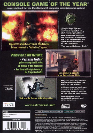 Tom Clancy's Splinter Cell | PlayStation 2 | back cover | region=North America | source-country=Canada,United States | zypher-v2 | moby-6db01fa93adf | Data by MobyGames.com