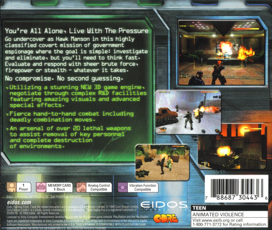 
Fighting Force 2 | PlayStation | back cover | Region: North America | source-country=United States | Data by MobyGames.com