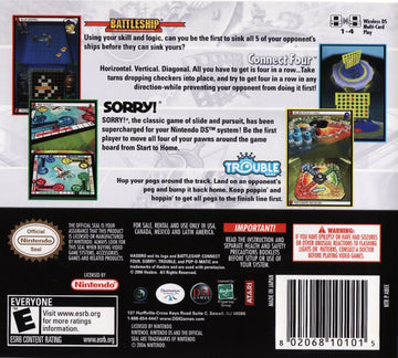 
Battleship / Connect Four / Sorry! / Trouble | Nintendo DS | back cover | Region: North America | source-country=United States | Data by MobyGames.com
