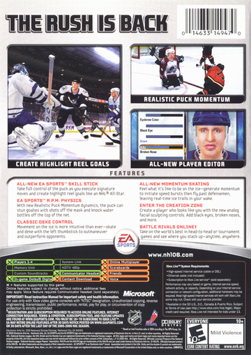 NHL 06 | Xbox | back cover | region=North America | source-country=United States | zypher-v2 | moby-c74128f39cff | Data by MobyGames.com