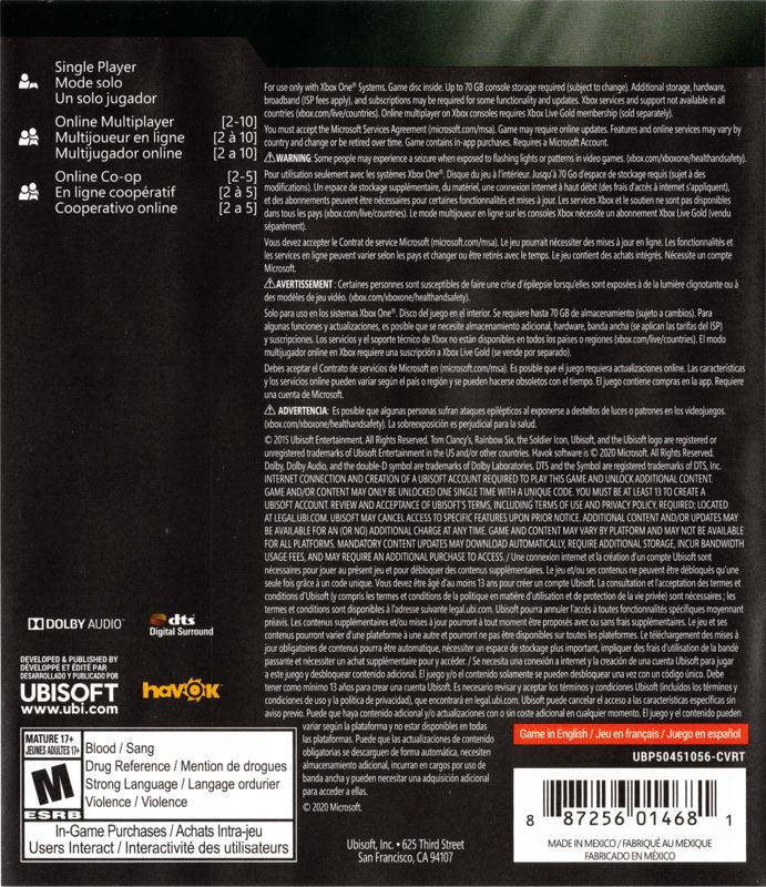 Tom Clancy's Rainbow Six: Siege | Xbox One | back cover | Region: North America | source-country=Canada,United States | Data by MobyGames.com