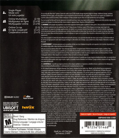 
Tom Clancy's Rainbow Six: Siege | Xbox One | back cover | Region: North America | source-country=Canada,United States | Data by MobyGames.com