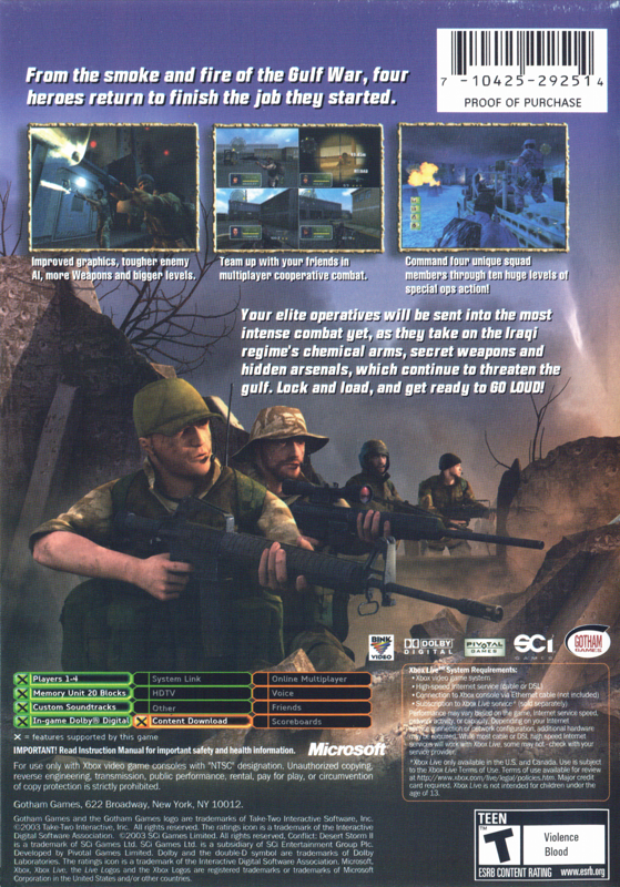 Conflict: Desert Storm II - Back to Baghdad | Xbox | back cover | Region: North America | source-country=United States | Data by MobyGames.com