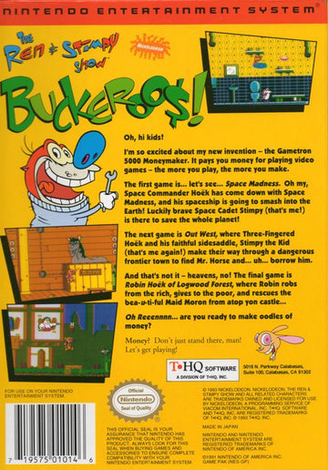 The Ren & Stimpy Show: Buckeroo$! | NES | back cover | region=North America | source-country=United States | zypher-v2 | moby-66c8a206088e | Data by MobyGames.com