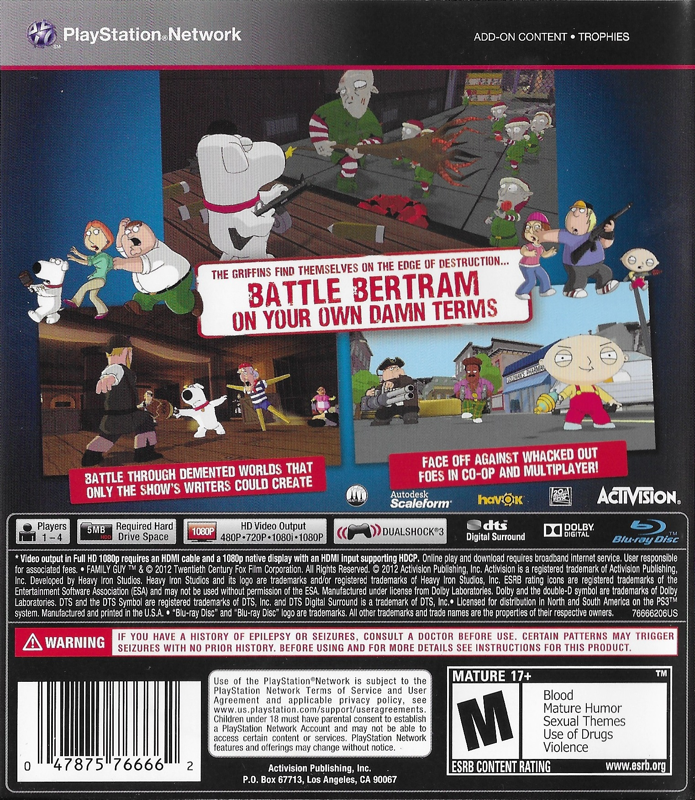 
Family Guy: Back to the Multiverse | PlayStation 3 | back cover | Region: North America | source-country=Canada,United States | Data by MobyGames.com
