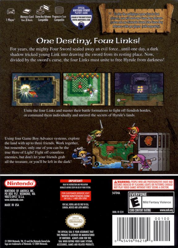 The Legend of Zelda: Four Swords Adventures | GameCube | back cover | region=North America | source-country=Mexico,Other,United States | zypher-v2 | moby-42519e5e5a0d | Data by MobyGames.com