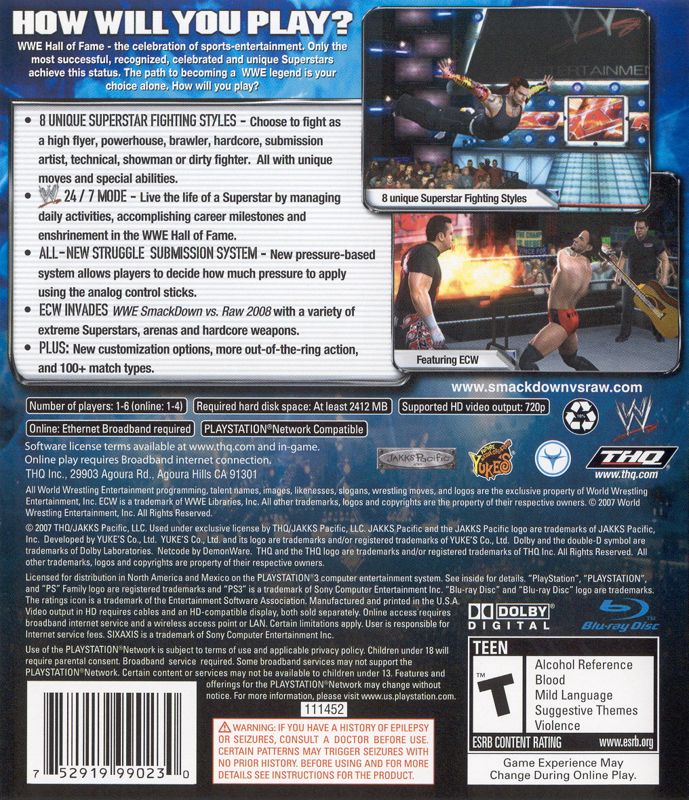 WWE Smackdown vs. Raw 2008 | PlayStation 3 | back cover | region=North America | source-country=Canada,Mexico,United States | zypher-v2 | moby-c48dc81f5aed | Data by MobyGames.com