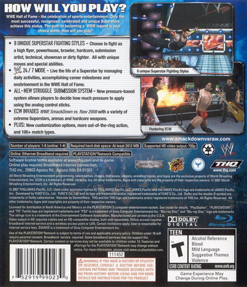 WWE Smackdown vs. Raw 2008 | PlayStation 3 | back cover | region=North America | source-country=Canada,Mexico,United States | zypher-v2 | moby-c48dc81f5aed | Data by MobyGames.com