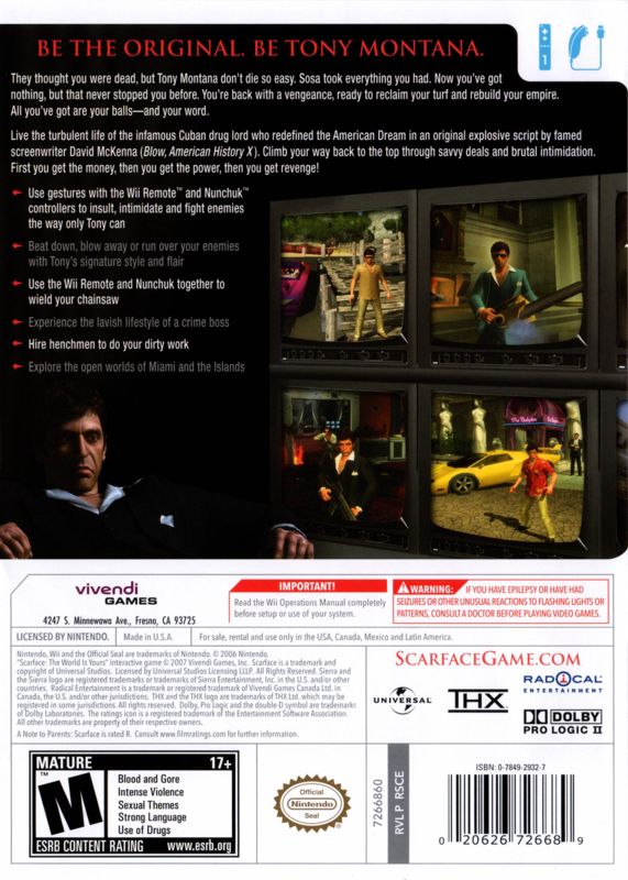 
Scarface: The World Is Yours | Wii | back cover | Data by MobyGames.com