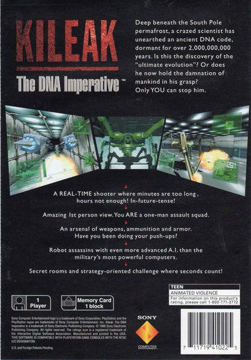 Kileak: The DNA Imperative | PlayStation | back cover | region=North America | source-country=United States | zypher-v2 | moby-10ba65f243f1 | Data by MobyGames.com