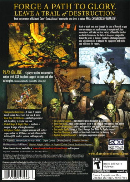 Champions of Norrath | PlayStation 2 | back cover | region=North America | source-country=United States | zypher-v2 | moby-065a601e11d5 | Data by MobyGames.com