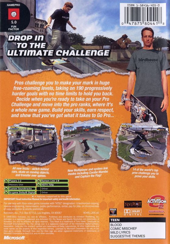 Tony Hawk's Pro Skater 4 | Xbox | back cover | region=North America | source-country=Canada,United States | zypher-v2 | moby-a5cfd9ffd2d5 | Data by MobyGames.com