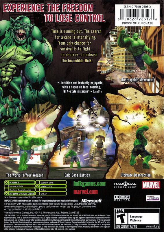 
The Incredible Hulk: Ultimate Destruction | Xbox | back cover | Data by MobyGames.com