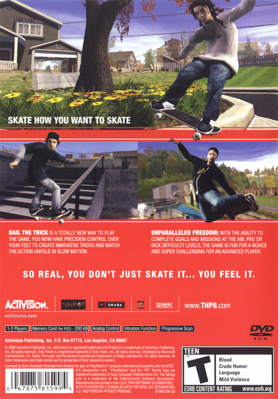 Tony Hawk's Project 8 | PlayStation 2 | back cover | region=North America | source-country=United States | zypher-v2 | moby-e397c5a15d6e | Data by MobyGames.com
