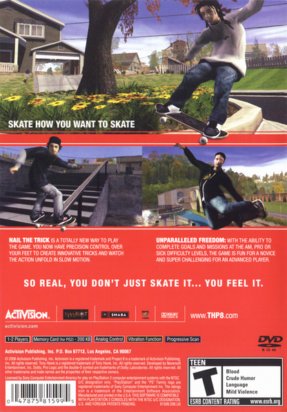 Tony Hawk's Project 8 | PlayStation 2 | back cover | region=North America | source-country=United States | zypher-v2 | moby-e397c5a15d6e | Data by MobyGames.com