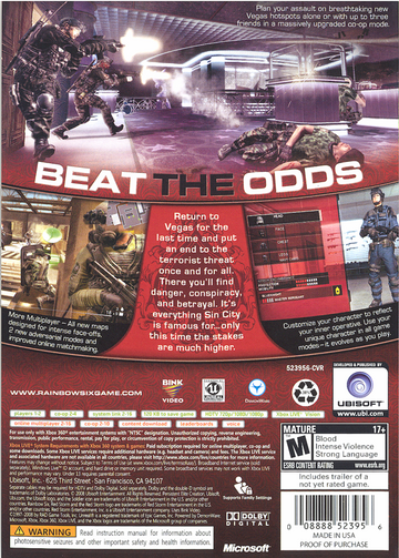 Tom Clancy's Rainbow Six: Vegas 2 | Xbox 360 | back cover | region=North America | source-country=United States | zypher-v2 | moby-4f17ce8a1b72 | Data by MobyGames.com