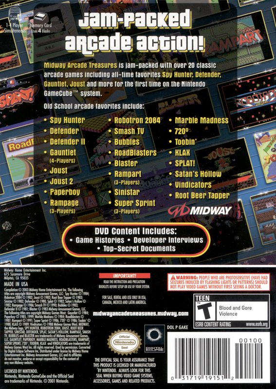 Midway Arcade Treasures | GameCube | back cover | Data by MobyGames.com