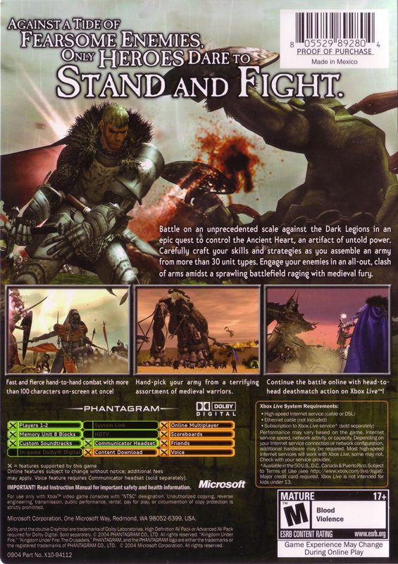 Kingdom Under Fire: The Crusaders | Xbox | back cover | region=North America | source-country=United States | zypher-v2 | moby-7e5f37428e9f | Data by MobyGames.com