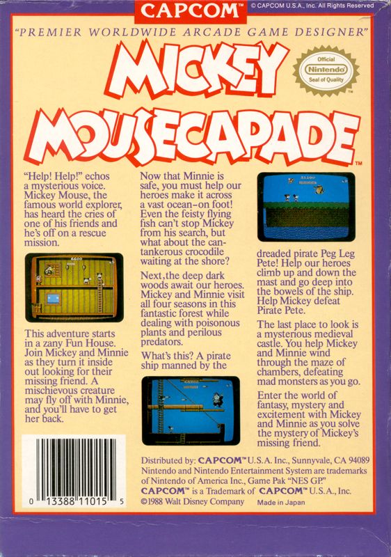 
Mickey Mousecapade | NES | back cover | Data by MobyGames.com