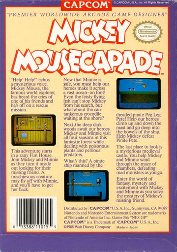 
Mickey Mousecapade | NES | back cover | Data by MobyGames.com