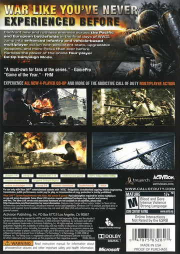 
Call of Duty: World at War | Xbox 360 | back cover | Region: North America | source-country=United States | Data by MobyGames.com