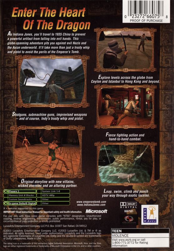 Indiana Jones and the Emperor's Tomb | Xbox | back cover | region=North America | source-country=Canada,United States | zypher-v2 | moby-236f7a71d5c0 | Data by MobyGames.com