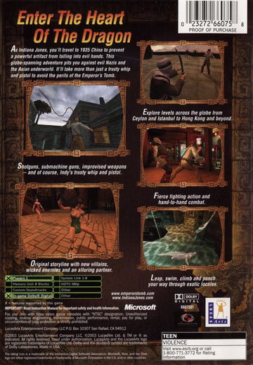 Indiana Jones and the Emperor's Tomb | Xbox | back cover | region=North America | source-country=Canada,United States | zypher-v2 | moby-236f7a71d5c0 | Data by MobyGames.com