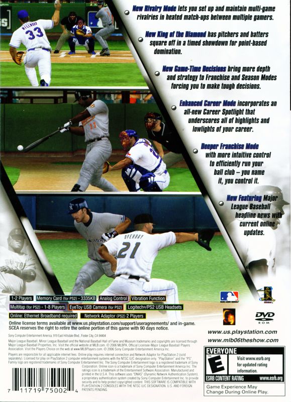 MLB 06: The Show | PlayStation 2 | back cover | region=North America | source-country=United States | zypher-v2 | moby-2fb4b52ef988 | Data by MobyGames.com