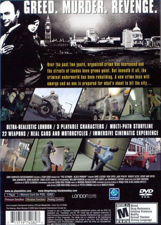 
The Getaway: Black Monday | PlayStation 2 | back cover | Region: North America | source-country=Canada,United States | Data by MobyGames.com