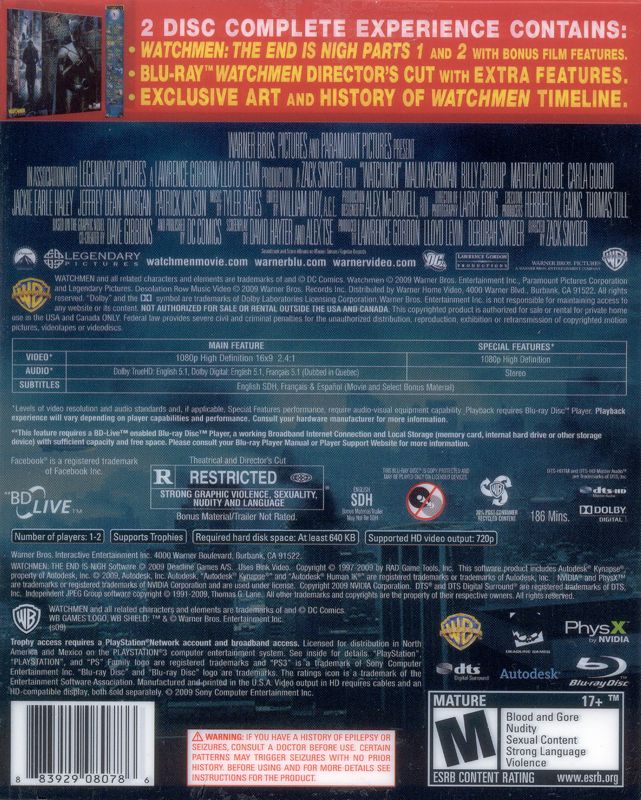Watchmen: The End is Nigh - The Complete Experience | PlayStation 3 | back cover | Region: North America | source-country=Canada,Mexico,United States | Data by MobyGames.com