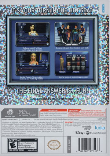 Who Wants to Be a Millionaire | Wii | back cover | region=North America | source-country=United States | zypher-v2 | moby-31d001371cc6 | Data by MobyGames.com