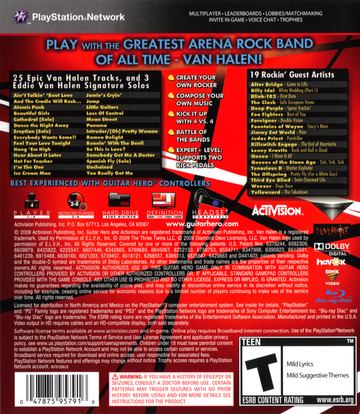 Guitar Hero: Van Halen | PlayStation 3 | back cover | region=North America | source-country=United States | zypher-v2 | moby-d3b41246ba30 | Data by MobyGames.com