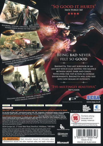 Bayonetta | Xbox 360 | back cover | region=PAL | source-country=United Kingdom | zypher-v2 | moby-07ff12a47255 | Data by MobyGames.com